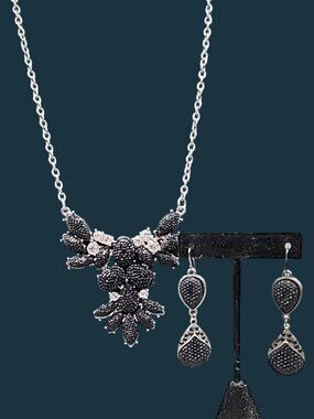 Vintage Black Diamante Rhinestone Accent Necklace & Black Diamante Hook Earrings
